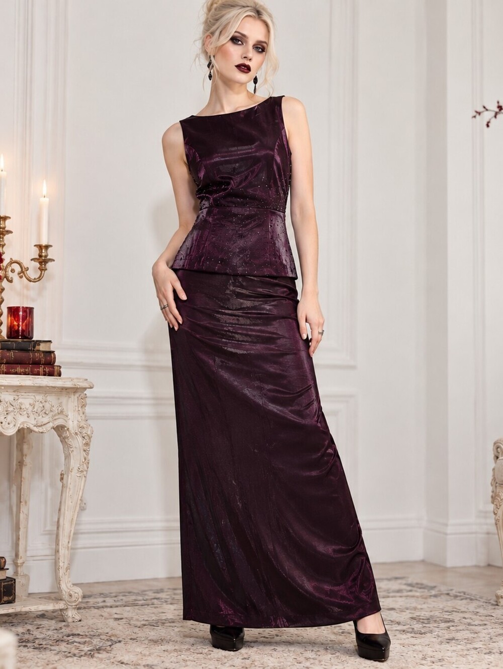 Alex Evenings Size 8 Plum Purple 2 Piece Evening Top & Long Skirt Set